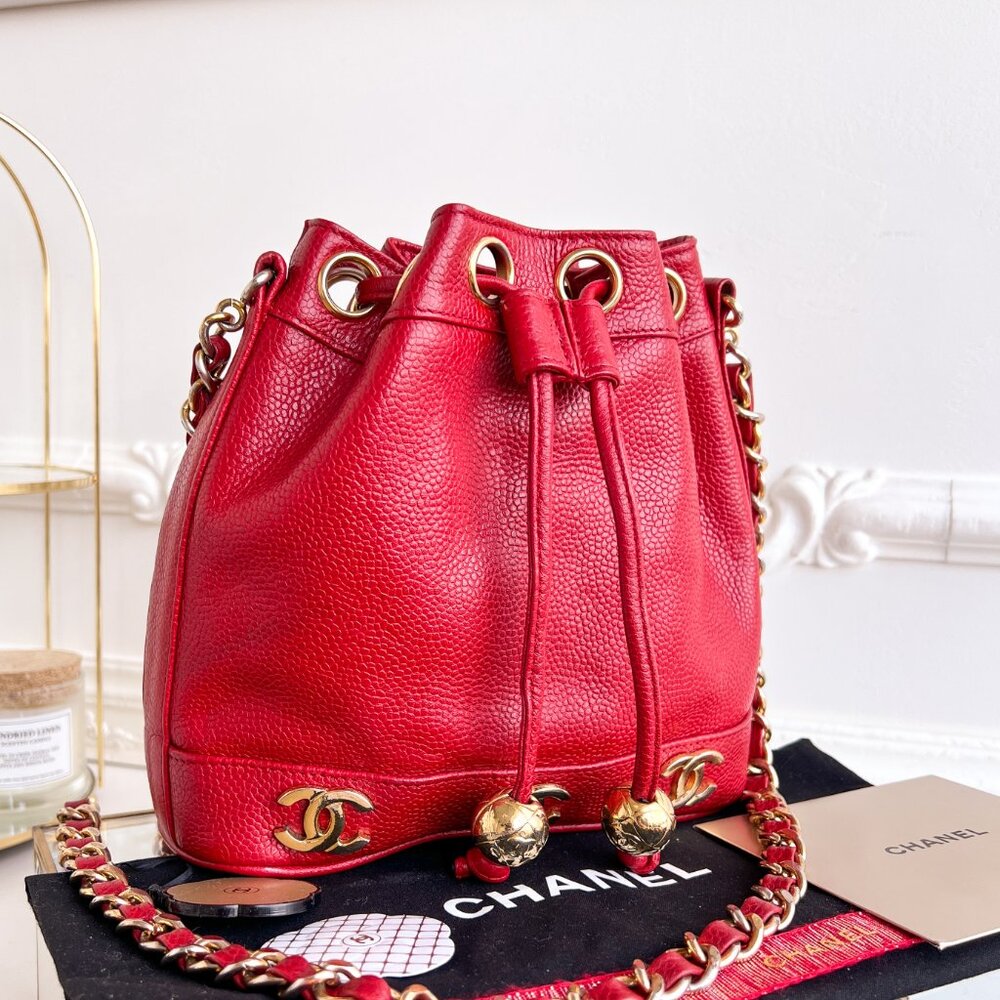 Authentic Chanel CC Bucket Mini Triple coco mark Shoulder Crossbody red B0970 - Picture 5 of 16